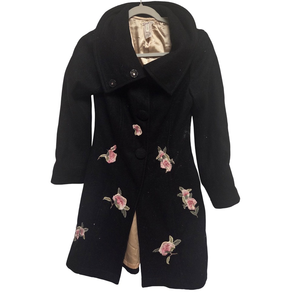 Y2K Apparel USA Black Wool Blend Coat Pink Floral‎ Embroidered Princess Pea Coat